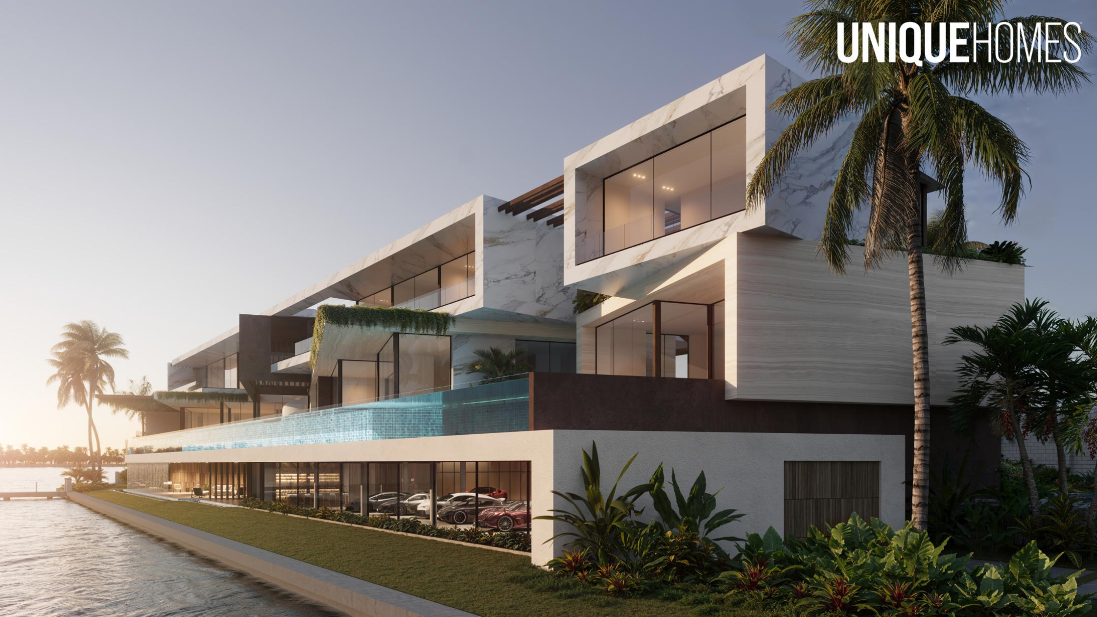 Modern waterfront luxury home with marble facade, glass walls, rooftop terraces, and palm trees at sunset.